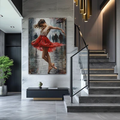 Wall Art titled: Crimson Reverie in a Vertical format with: Grey, and Red Colors; Decoration the Staircase wall