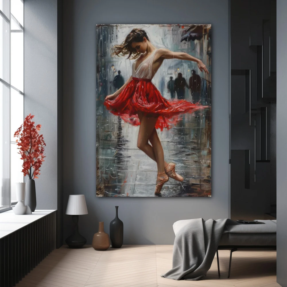Cuadro reverie carmesí en formato vertical con colores gris, rojo; decorando pared gris