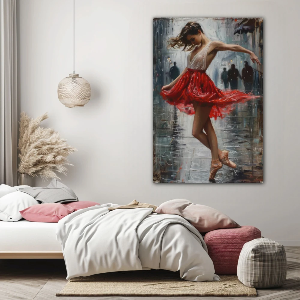 Cuadro reverie carmesí en formato vertical con colores gris, rojo; decorando pared de habitación dormitorio