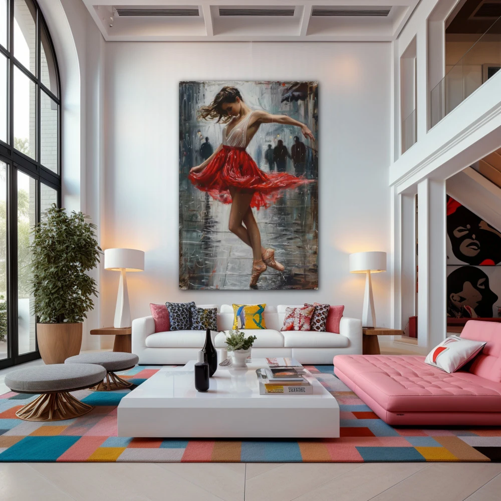 Cuadro reverie carmesí en formato vertical con colores gris, rojo; decorando pared de salón comedor