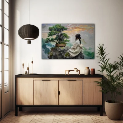 Wall Art titled: Roots in the Abyss in a Horizontal format with: Grey, and Green Colors; Decoration the Sideboard wall