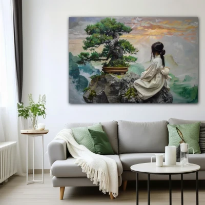 Wall Art titled: Roots in the Abyss in a Horizontal format with: Grey, and Green Colors; Decoration the White Wall wall