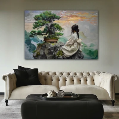 Wall Art titled: Roots in the Abyss in a  format with: Grey, and Green Colors; Decoration the Above Couch wall
