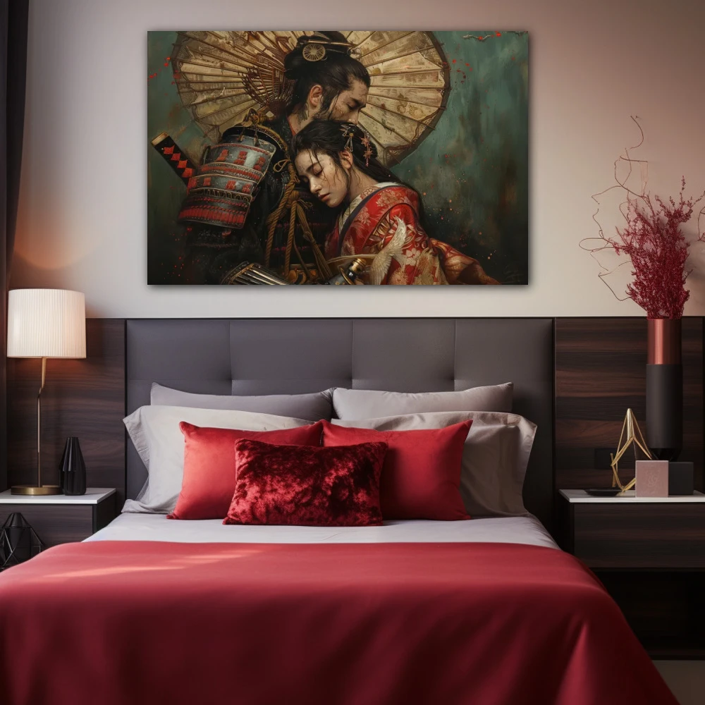 Cuadro abrazo efímero en formato horizontal con colores marrón, rojo; decorando pared de habitación dormitorio