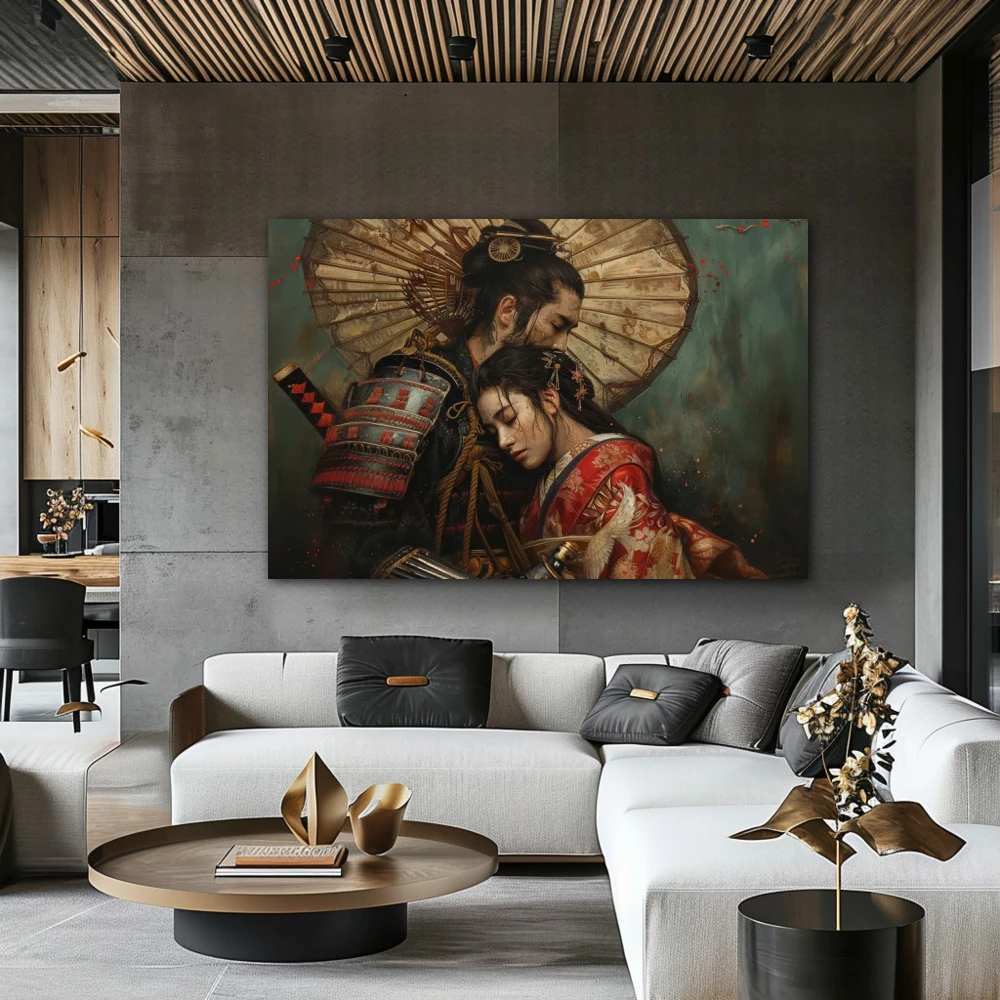 Wall Art titled: Ephemeral Embrace in a Horizontal format with: Brown, and Red Colors; Decoration the Living Room wall