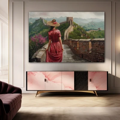 Wall Art titled: Vestiges of Crimson Travel in a  format with: Red, and Green Colors; Decoration the Sideboard wall