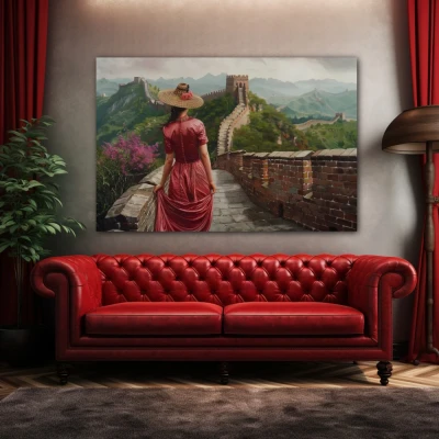 Wall Art titled: Vestiges of Crimson Travel in a  format with: Red, and Green Colors; Decoration the Above Couch wall