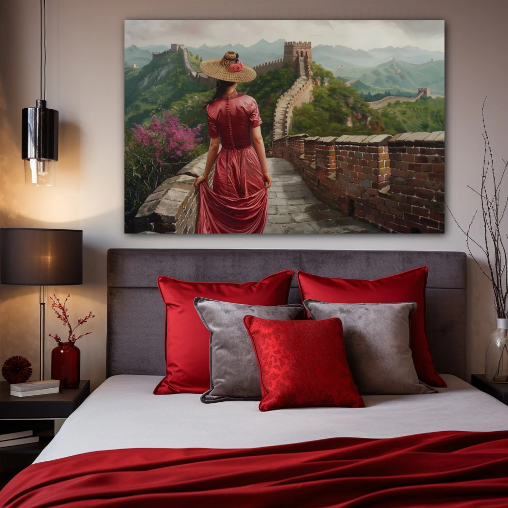 Wall Art titled: Vestiges of Crimson Travel in a Horizontal format with: Red, and Green Colors; Decoration the Bedroom wall