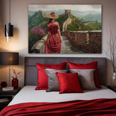 Wall Art titled: Vestiges of Crimson Travel in a  format with: Red, and Green Colors; Decoration the Bedroom wall