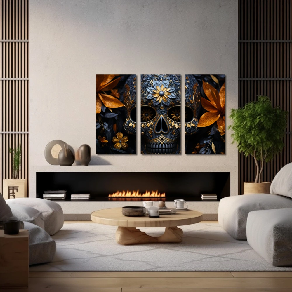 Wall Art titled: The Luxury of Death in a Horizontal format with: Blue, and Golden Colors; Decoration the Fireplace wall