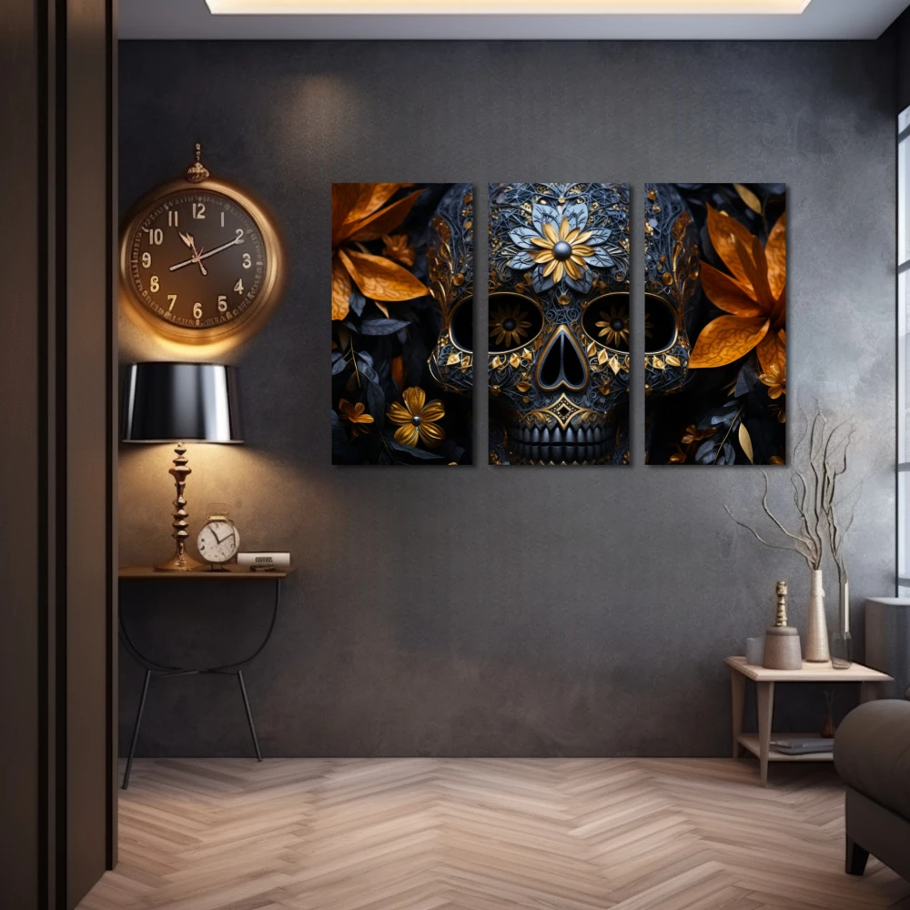 Wall Art titled: The Luxury of Death in a Horizontal format with: Blue, and Golden Colors; Decoration the Grey Walls wall