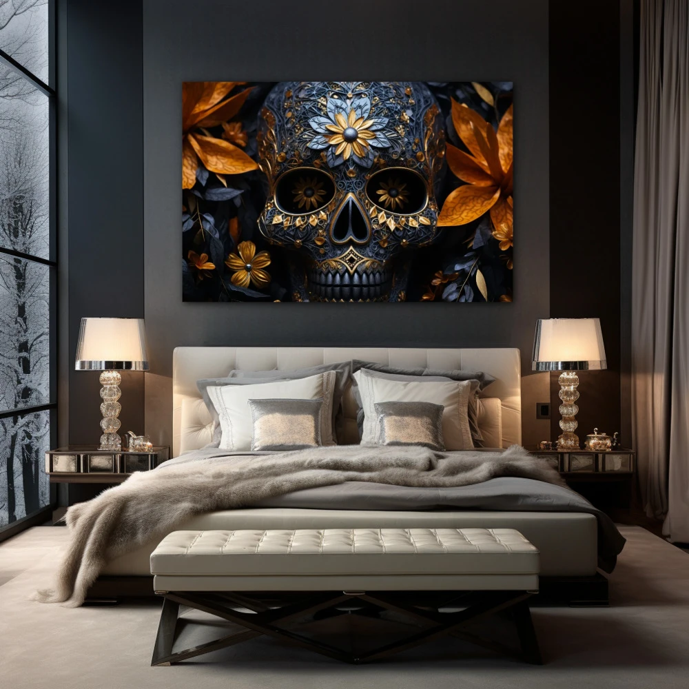 Wall Art titled: The Luxury of Death in a Horizontal format with: Blue, and Golden Colors; Decoration the Bedroom wall
