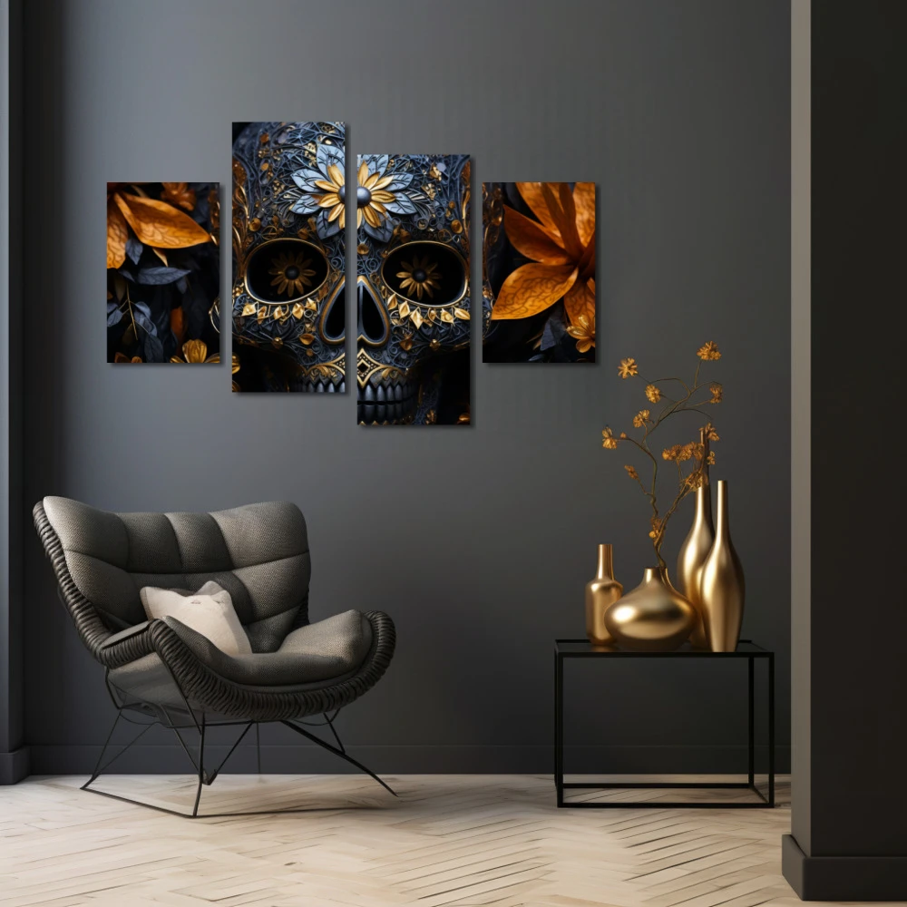 Wall Art titled: The Luxury of Death in a Horizontal format with: Blue, and Golden Colors; Decoration the Black Walls wall