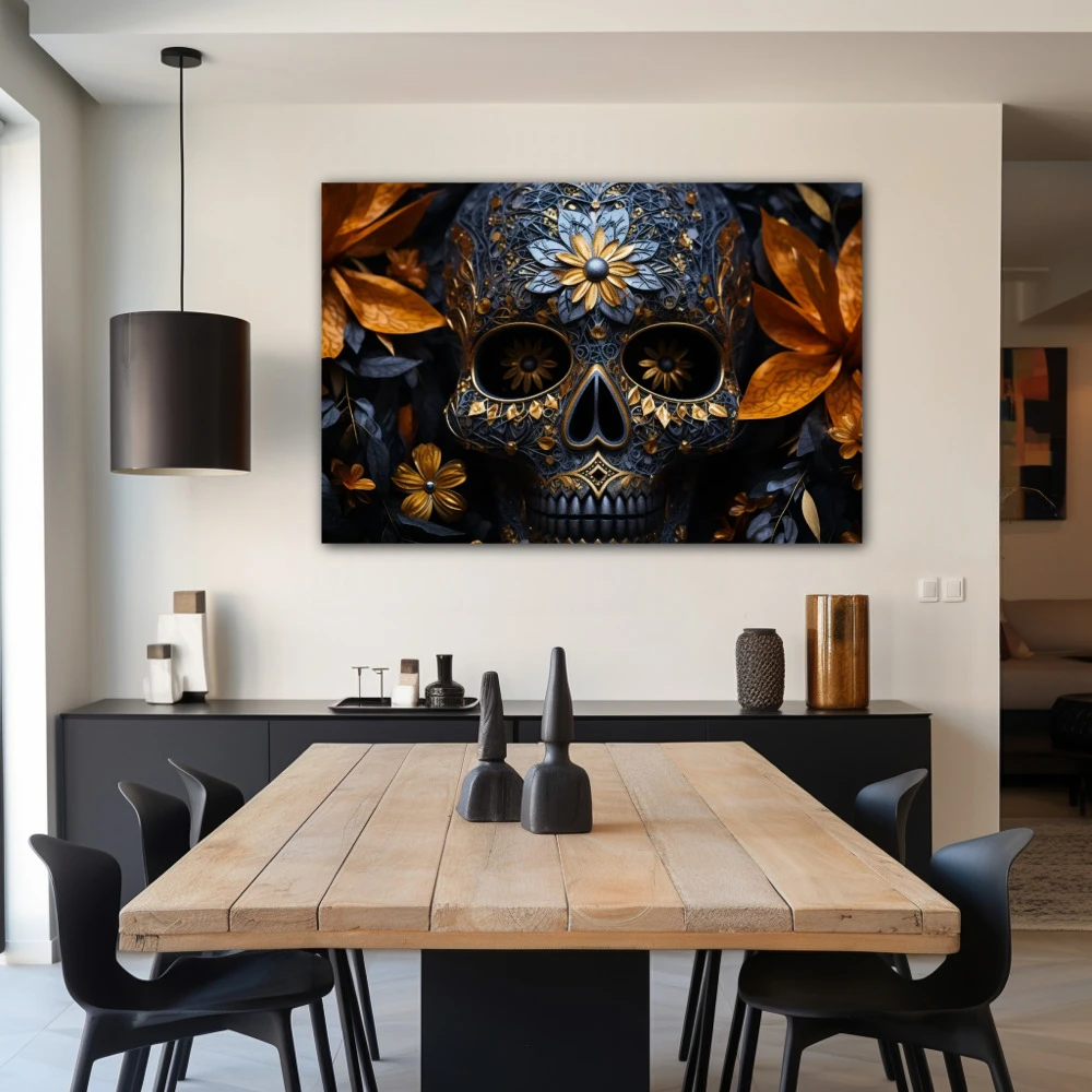 Wall Art titled: The Luxury of Death in a Horizontal format with: Blue, and Golden Colors; Decoration the Living Room wall