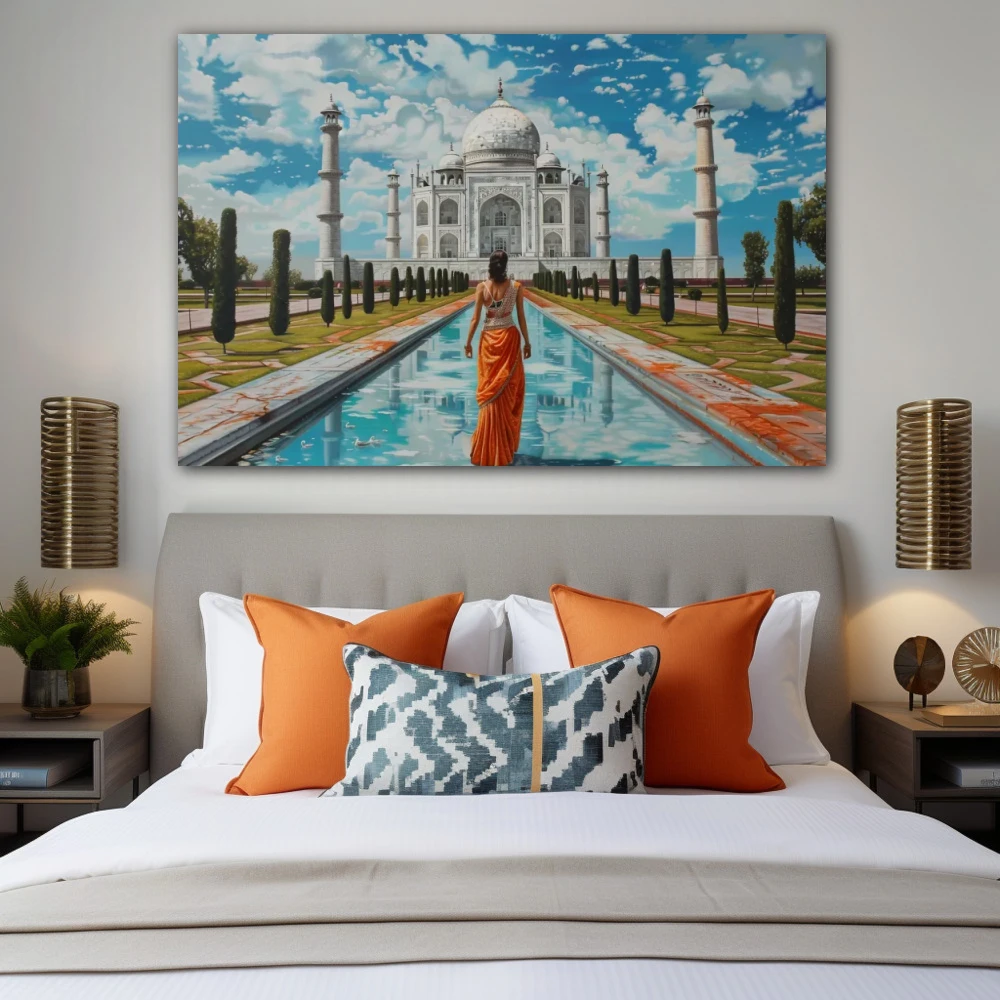 Wall Art titled: Love in Eternity in a Horizontal format with: Blue, Orange, and Green Colors; Decoration the Bedroom wall