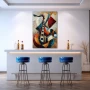 Wall Art titled: Geometry of Vibrations in a Vertical format with: Blue, Brown, and Orange Colors; Decoration the Bar wall