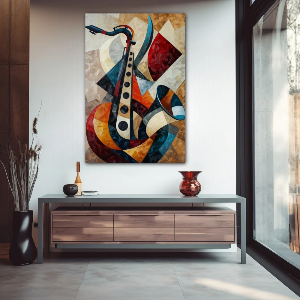 Wall Art titled: Geometry of Vibrations in a Vertical format with: Blue, Brown, and Orange Colors; Decoration the Entryway wall