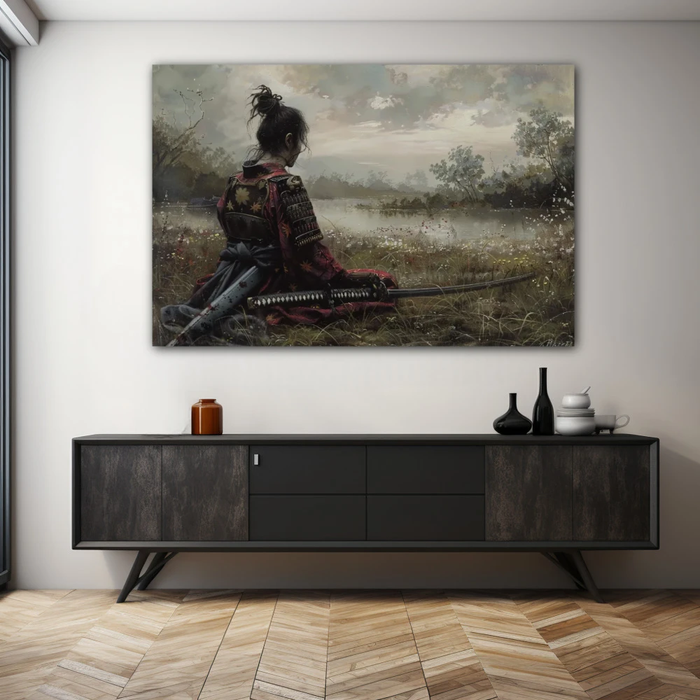 Wall Art titled: Solitude of the Warrior in a Horizontal format with: Grey, and Green Colors; Decoration the Sideboard wall