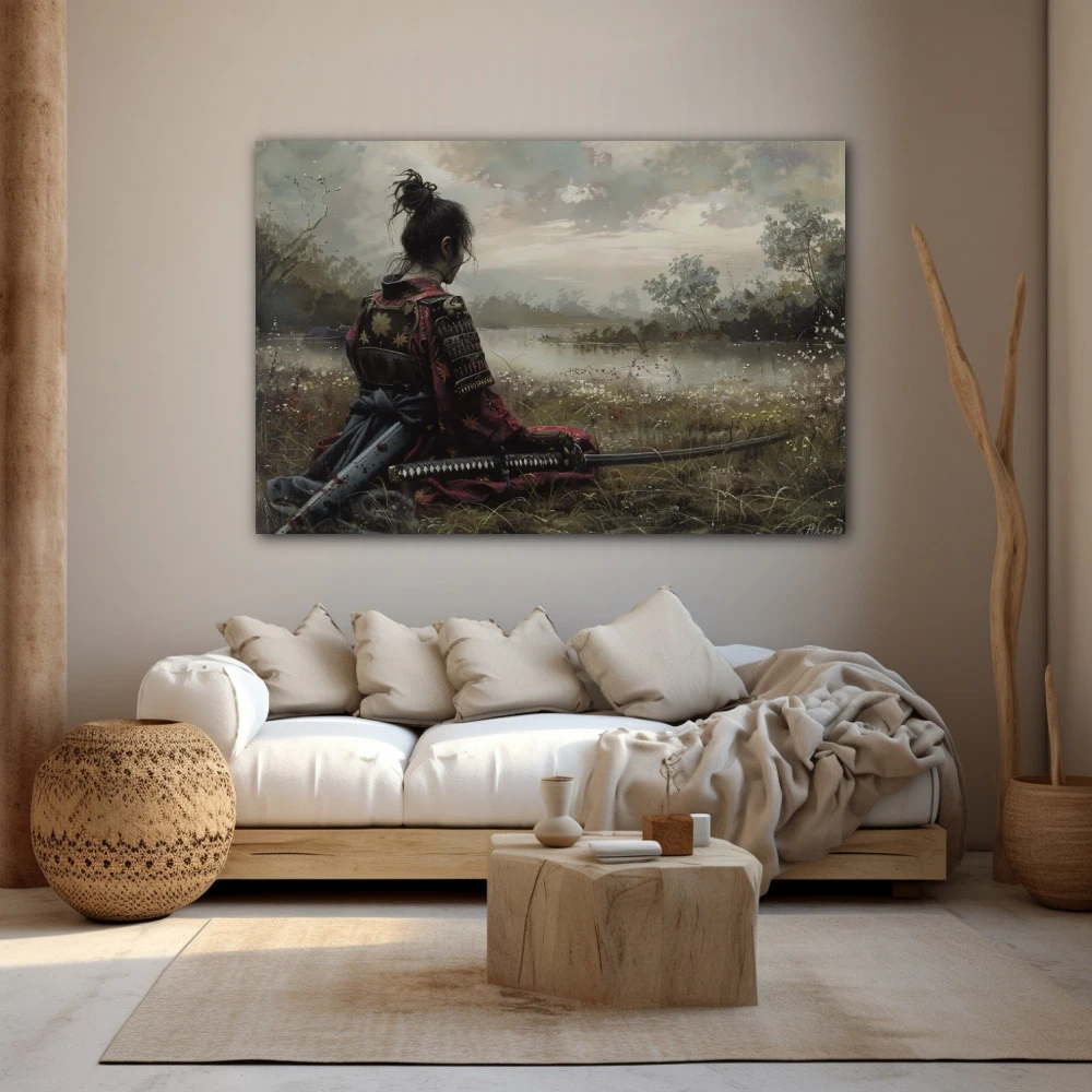 Wall Art titled: Solitude of the Warrior in a Horizontal format with: Grey, and Green Colors; Decoration the Beige Wall wall