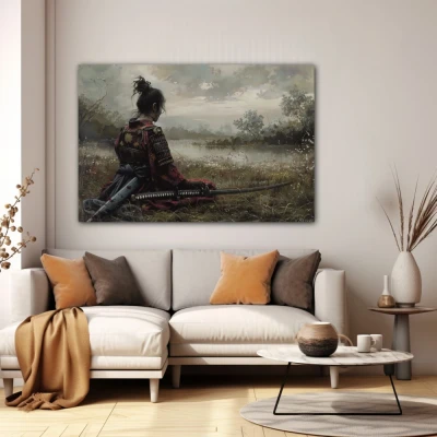 Wall Art titled: Solitude of the Warrior in a  format with: Grey, and Green Colors; Decoration the White Wall wall