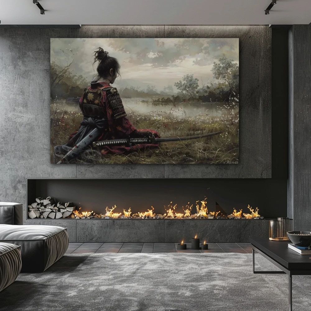 Wall Art titled: Solitude of the Warrior in a Horizontal format with: Grey, and Green Colors; Decoration the Fireplace wall