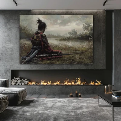 Wall Art titled: Solitude of the Warrior in a  format with: Grey, and Green Colors; Decoration the Fireplace wall