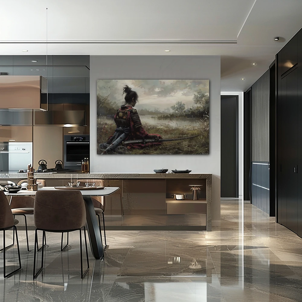 Wall Art titled: Solitude of the Warrior in a Horizontal format with: Grey, and Green Colors; Decoration the Kitchen wall