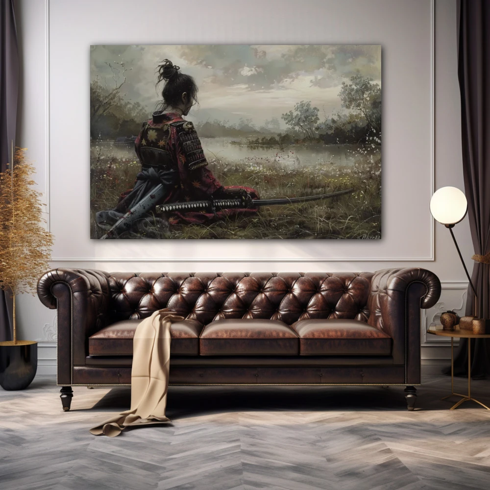 Wall Art titled: Solitude of the Warrior in a Horizontal format with: Grey, and Green Colors; Decoration the Above Couch wall