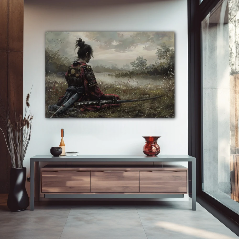 Wall Art titled: Solitude of the Warrior in a Horizontal format with: Grey, and Green Colors; Decoration the Entryway wall