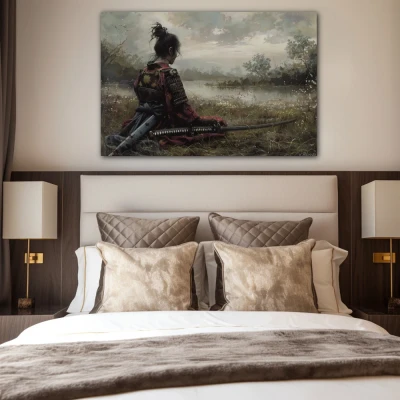 Wall Art titled: Solitude of the Warrior in a  format with: Grey, and Green Colors; Decoration the Bedroom wall