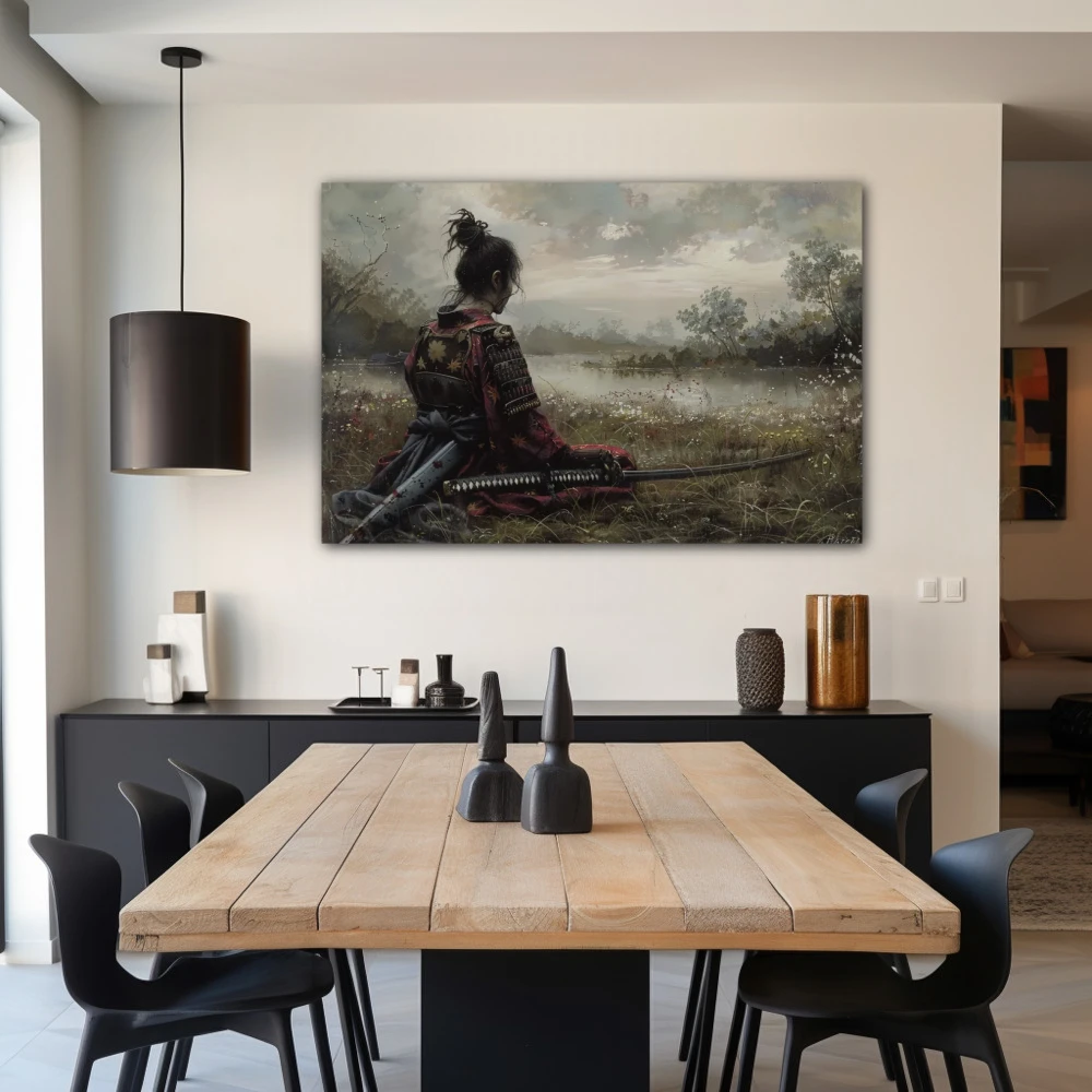 Wall Art titled: Solitude of the Warrior in a Horizontal format with: Grey, and Green Colors; Decoration the Living Room wall