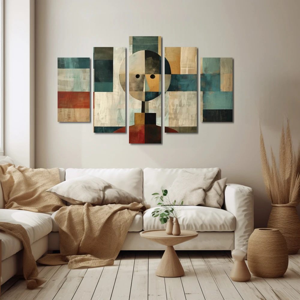 Cuadro minimalismo abstracto en formato políptico con colores gris, beige, pastel; decorando pared beige