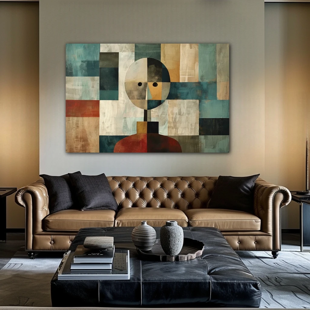 Cuadro minimalismo abstracto en formato horizontal con colores gris, beige, pastel; decorando pared de encima del sofá