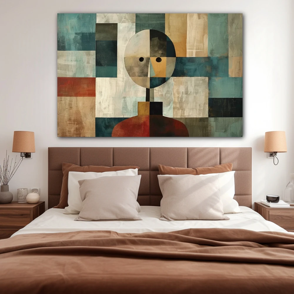 Cuadro minimalismo abstracto en formato horizontal con colores gris, beige, pastel; decorando pared de habitación dormitorio