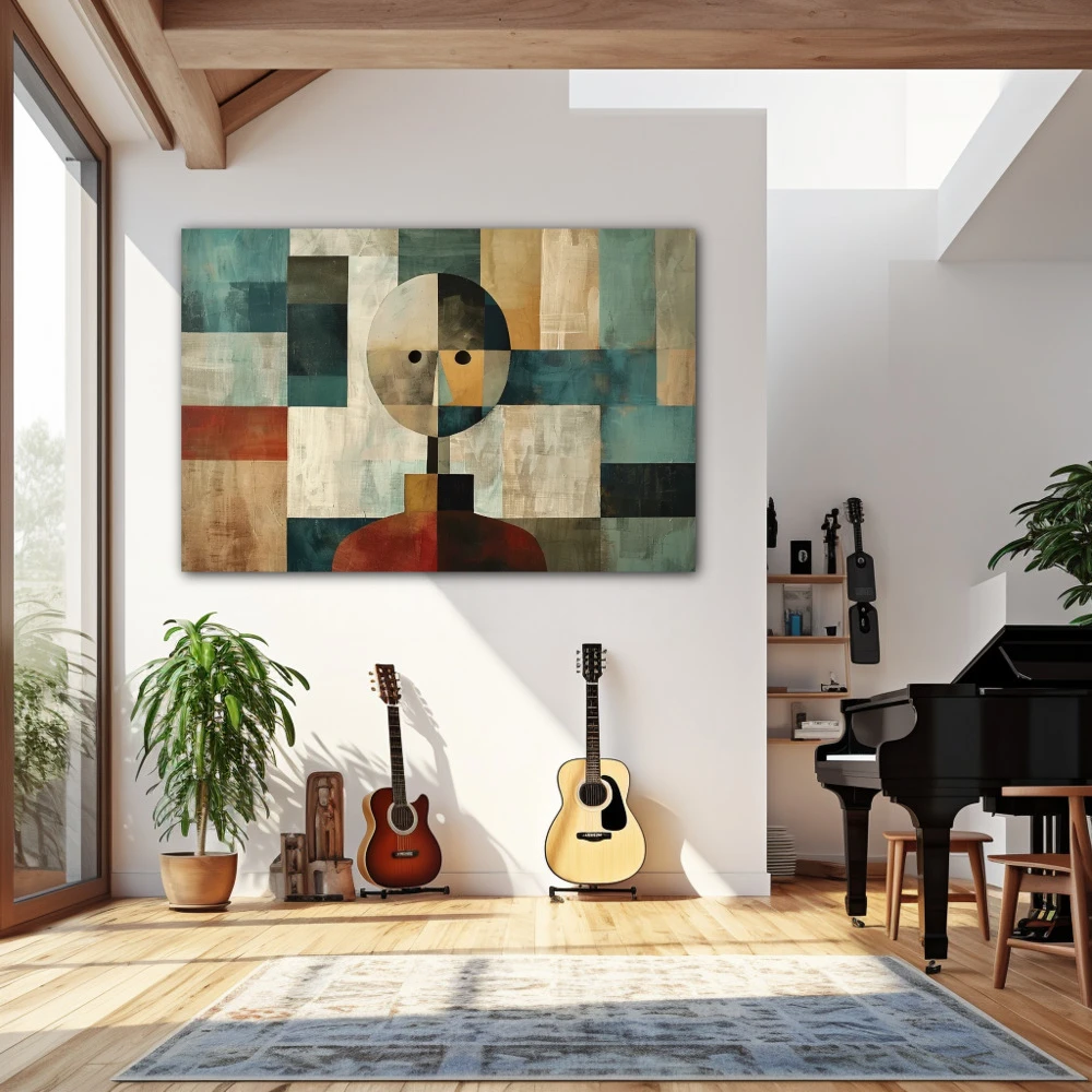 Cuadro minimalismo abstracto en formato horizontal con colores gris, beige, pastel; decorando pared de salón comedor