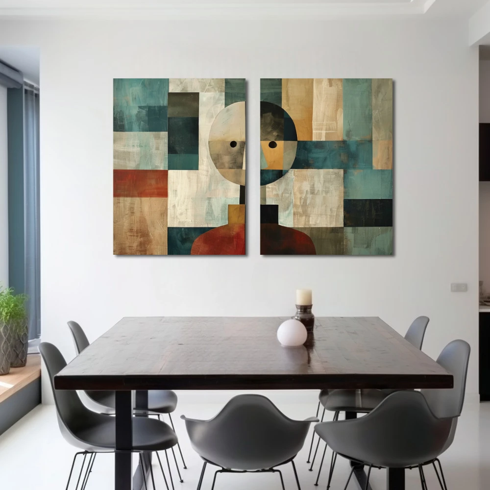 Cuadro minimalismo abstracto en formato díptico con colores gris, beige, pastel; decorando pared de salón comedor
