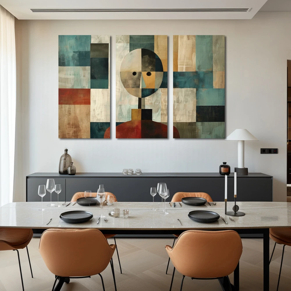 Cuadro minimalismo abstracto en formato tríptico con colores gris, beige, pastel; decorando pared de salón comedor