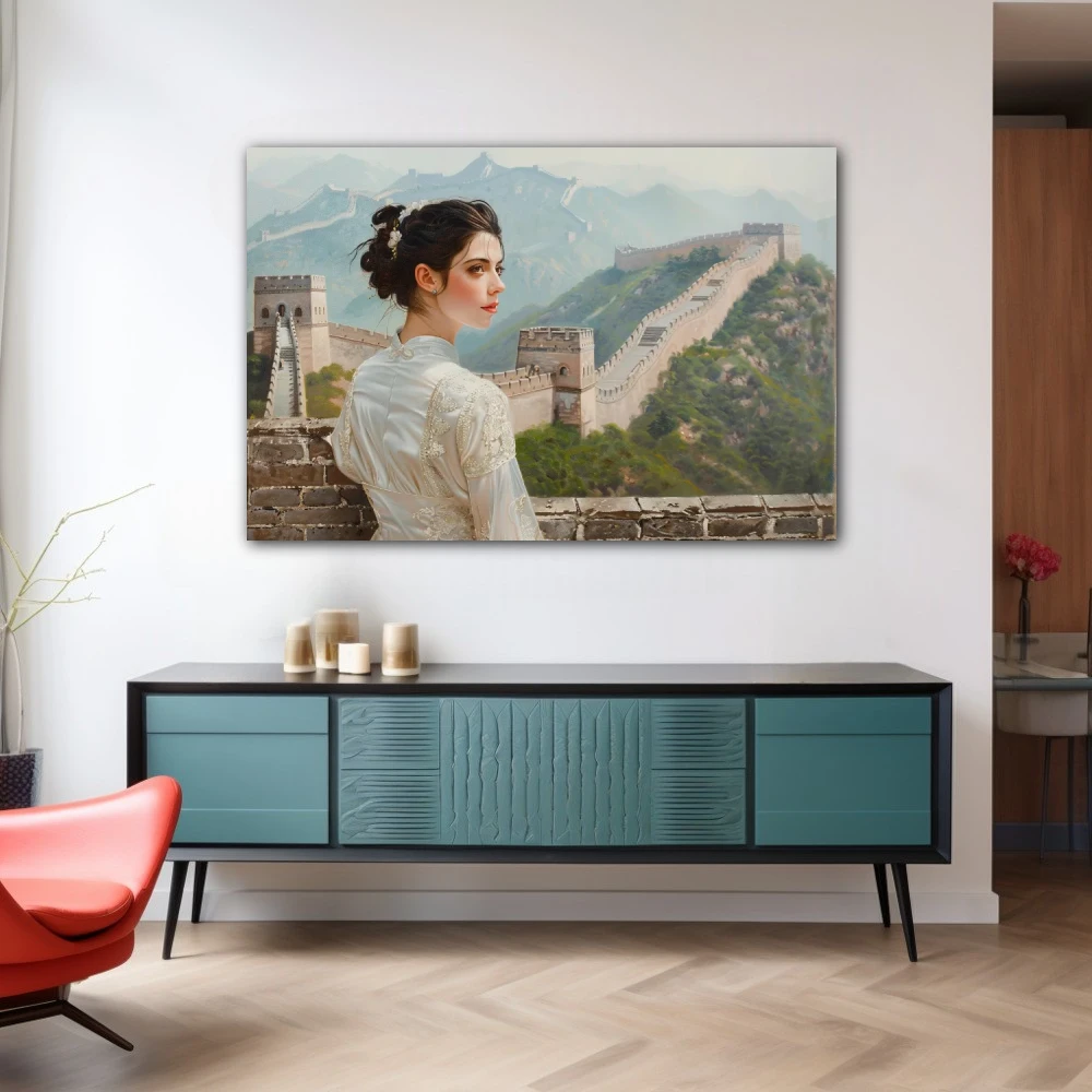 Wall Art titled: Echoes of Distant Dynasties in a Horizontal format with: white, Grey, and Green Colors; Decoration the Sideboard wall