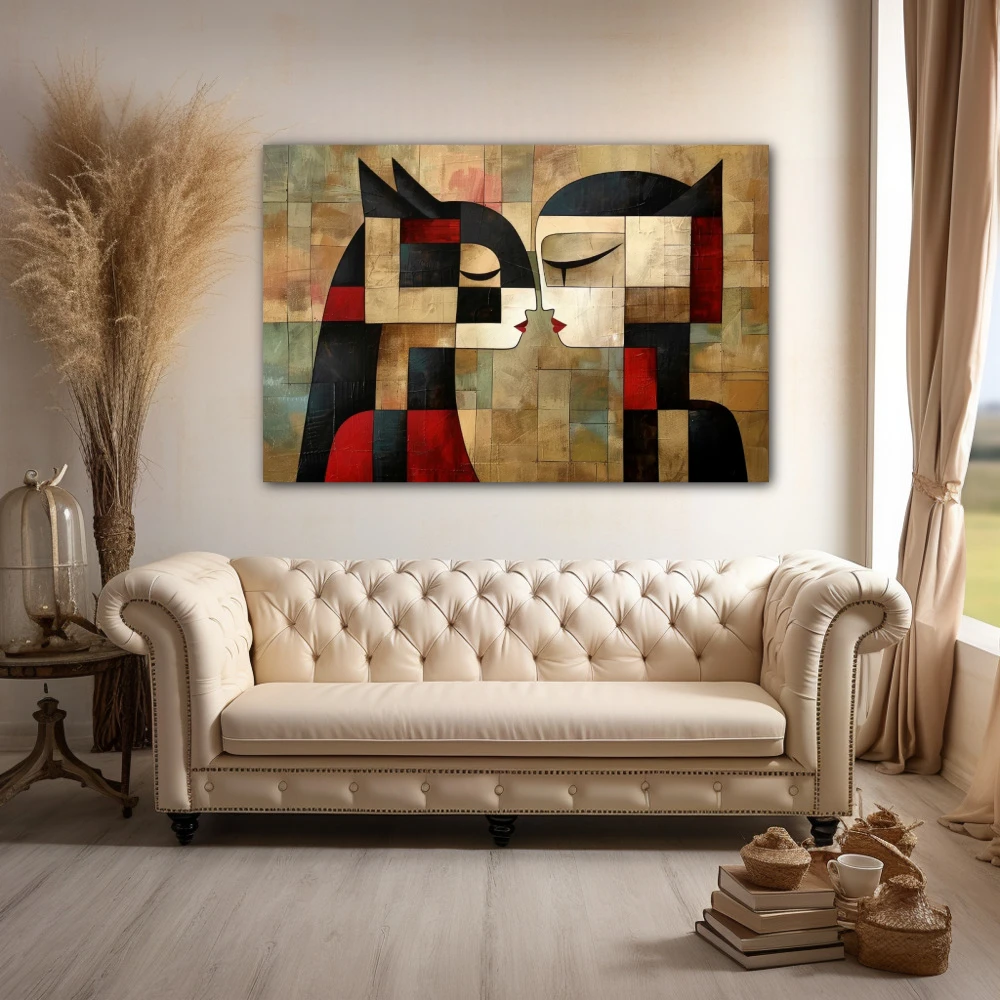 Cuadro simbiosis fragmentada en formato horizontal con colores marrón, negro, rojo; decorando pared de encima del sofá