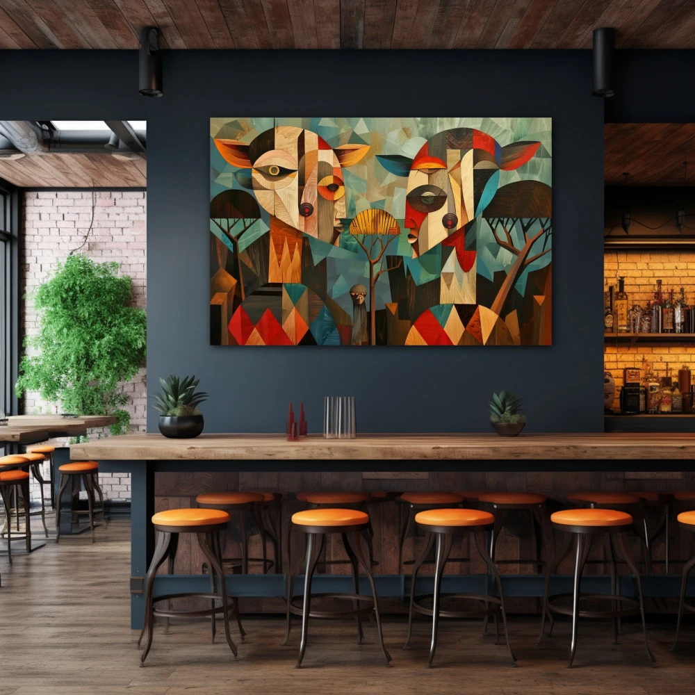 Wall Art titled: Silhouettes of the Serengeti in a Horizontal format with: Blue, Brown, and Red Colors; Decoration the Bar wall