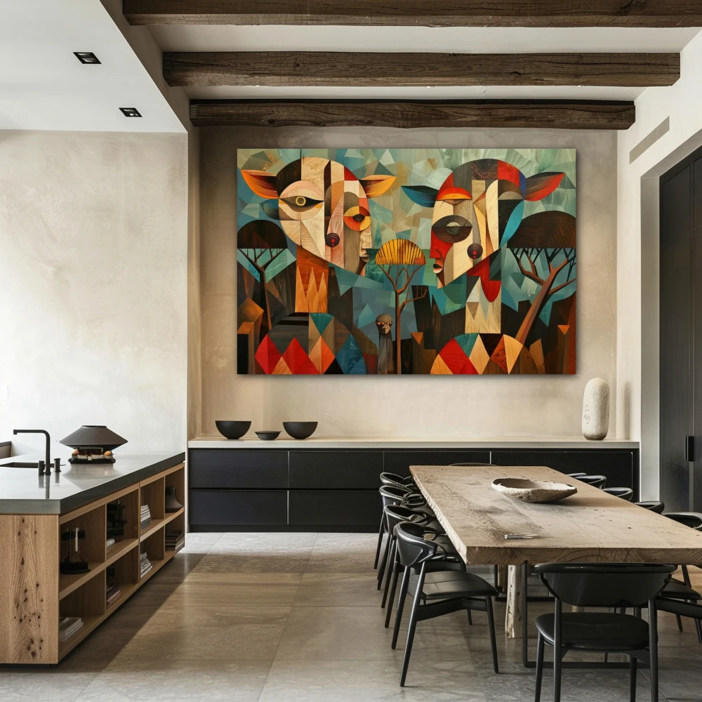 Cuadro siluetas del serengeti en formato horizontal con colores azul, marrón, rojo; decorando pared de cocina