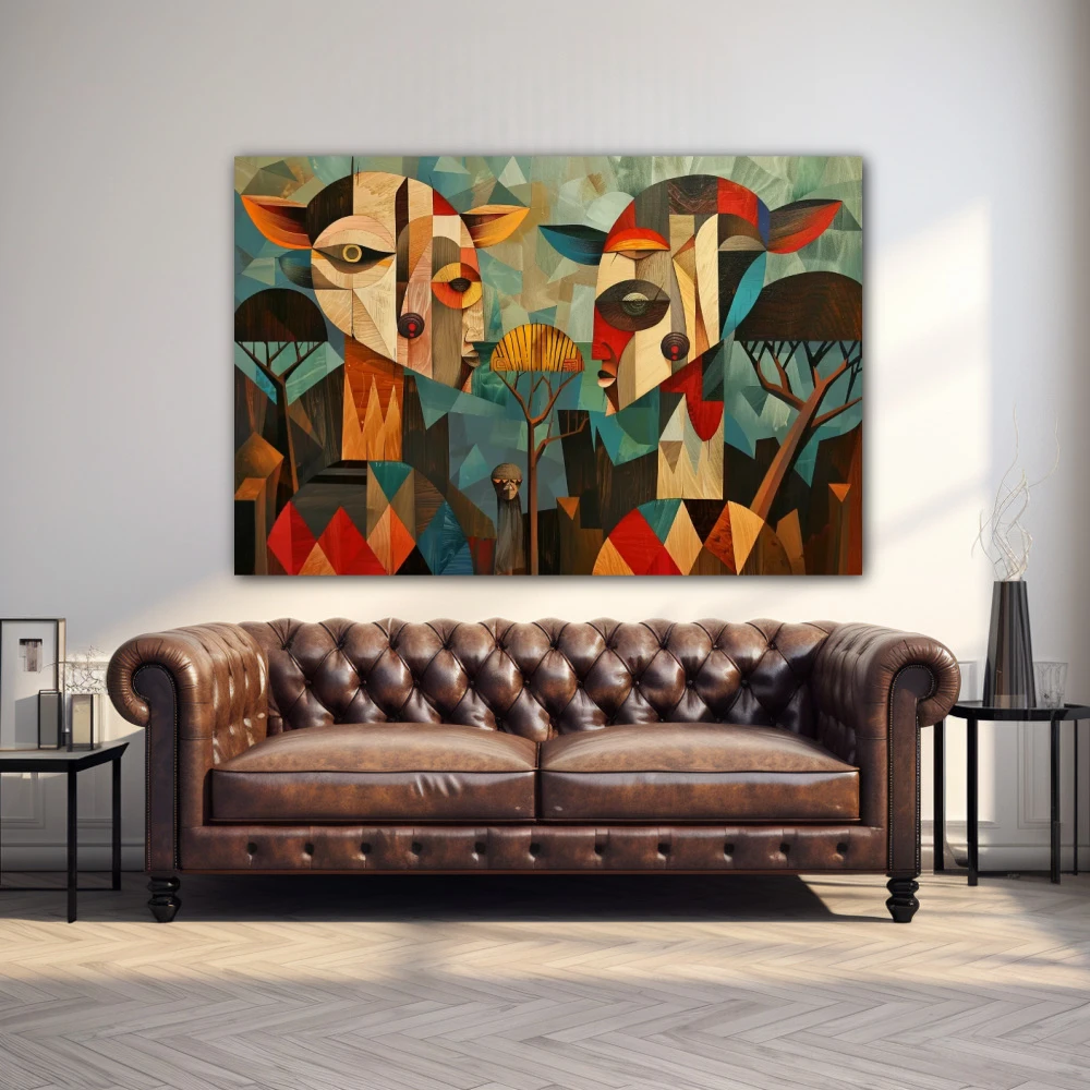 Wall Art titled: Silhouettes of the Serengeti in a Horizontal format with: Blue, Brown, and Red Colors; Decoration the Above Couch wall