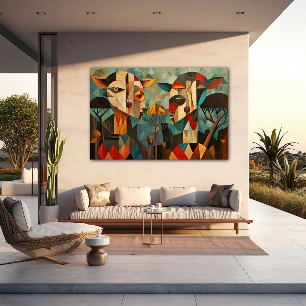 Wall Art titled: Silhouettes of the Serengeti in a Horizontal format with: Blue, Brown, and Red Colors; Decoration the Outdoor wall