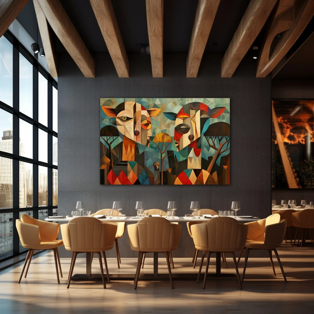 Wall Art titled: Silhouettes of the Serengeti in a Horizontal format with: Blue, Brown, and Red Colors; Decoration the Restaurant wall