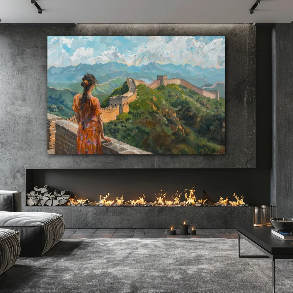 Wall Art titled: Memories of the Orient in a Horizontal format with: Sky blue, Orange, and Green Colors; Decoration the Fireplace wall