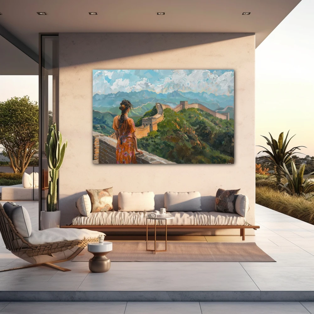 Wall Art titled: Memories of the Orient in a Horizontal format with: Sky blue, Orange, and Green Colors; Decoration the Outdoor wall