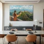 Wall Art titled: Memories of the Orient in a Horizontal format with: Sky blue, Orange, and Green Colors; Decoration the Living Room wall