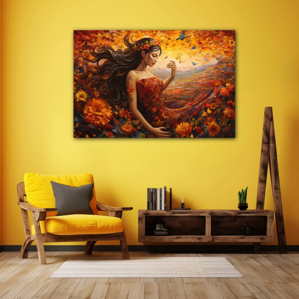 Wall Art titled: Mother Nature in a Horizontal format with: Orange, and Red Colors; Decoration the Yellow Walls wall