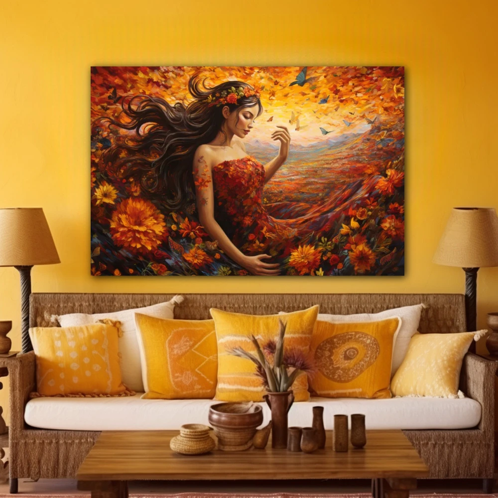 Wall Art titled: Mother Nature in a Horizontal format with: Orange, and Red Colors; Decoration the Yellow Walls wall