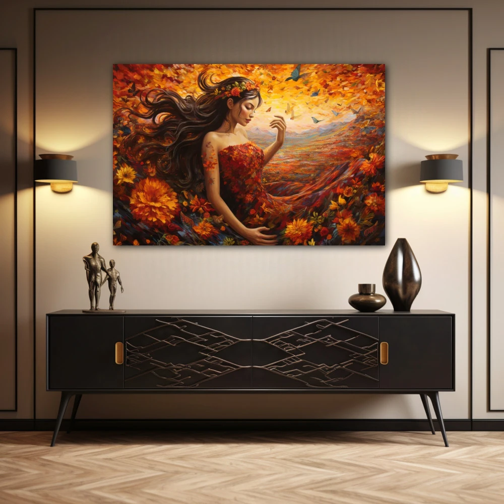 Wall Art titled: Mother Nature in a Horizontal format with: Orange, and Red Colors; Decoration the Sideboard wall